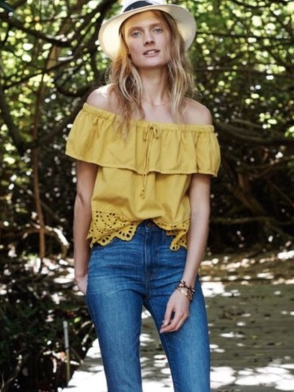 Madewell Mustard Yellow Eyelet Off the Shoulder Top